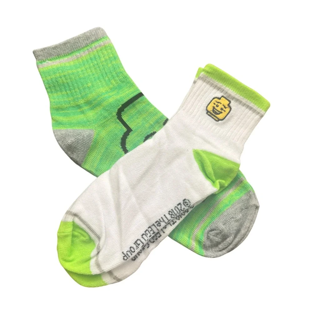 LEGO Kids Crew Socks 2 Pair Set White Lime Green Minifigure Face Print 2018